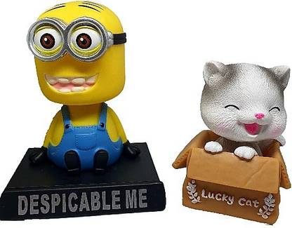 Daiyamondo Despicable Minion With Lucky Cat 2 Big Size Bobble Head - Action Figure Moving Head Bobblehead Spring Dancing PVC Bobble Spring Dancing Doll Toy Car Dashboard Bounce Toys for Car Interior Dashboard