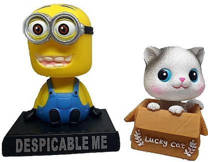 Daiyamondo Despicable Minion With Lucky Cat Big Size Bobble Head - Action Figure Moving Head Bobblehead Spring Dancing PVC Bobble Spring Dancing Doll Toy Car Dashboard Bounce Toys for Car Interior Dashboard
