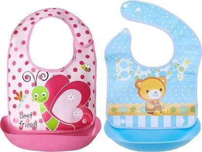 Lilz caress Presents Waterproof Silicone Roll up Washable Crumb Catcher Baby Feeding Eating Bibs with Food Catching Pocket - ( Pack-of-2 ) - VN15