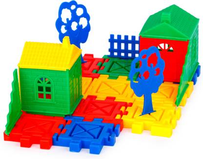 FIDDLERZ Blocks Toy for Kids DIY Big Size Interlocking House Building Block with Trees & Window Set of 40 Pcs (Multi Color)