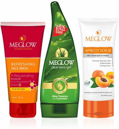 meglow Refreshing Facewash 70 gm + Apricot Scrub 70 gm + Aloevera Gel 125 gm