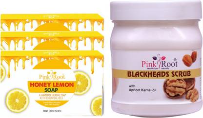 PINKROOT Honey Lemon Soap 100gm (Pack Of 3) with Blackheads Scrub 500ml