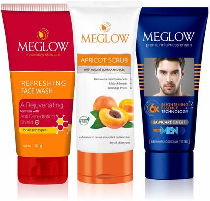 meglow Mens Premium Fairness Cream 50 gm + Apricot Scrub 70 gm +