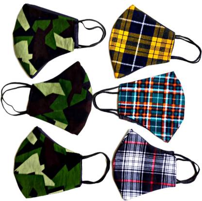 revagrown (PACK OF 6) ARMY AND CHEX 3 ARMY 3 CHECKS COTTON PRINTED MASK Reusable, Washable Cloth Mask