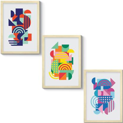 GS Decor Set of 3 Monographic Geometric Shapes Painting For Living Room | Wall Art - Plexi Glass | Boho Room Decor - Wooden Frame Digital Reprint 12 inch x 9 inch Painting