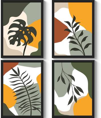 GS Decor Set of 4 Elements Of Tropical Leave - Plexi Glass - Aesthetic Pictures Wall Frames (Black) Digital Reprint 12 inch x 9 inch Painting