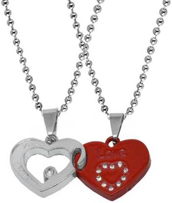 Shiv Jagdamba Valentine Gift Zirconia Crystals I Love You Engraved Heart Dual Locket Pendant Necklace Chain Unisex 1 Pair For His And Her For Couple Husband Wife Boyfriend Girlfriend Boys Girls ShivPn2021612 Rhodium Zinc, Metal Pendant