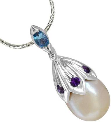 Surat Diamond A Drop of Love - Big Lustrous Drop Pearl & Silver Pendant with 18" Chain for Women Silver Pearl, Amethyst, Topaz Sterling Silver Pendant