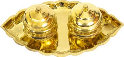 Spillbox Brass Thali kumkum Haldi Holder Plate for Pooja/Worship –Leaf 2 bowl Brass