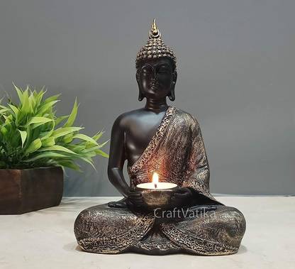CraftVatika Sitting Buddha Showpiece Statue Tealight Candle Holder Stand Tea Light Holders for Home Decoratio Living Room Wall Shelf Desk Decor Decorative Showpiece  -  7.62 cm