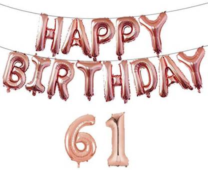 Offer99 Solid Rose Gold Happy Birhtday Banner with 61 Number Ribbon Letter Balloon for Birthday Celebration Letter Balloon