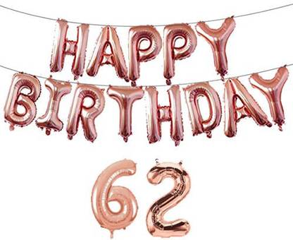Offer99 Solid Rose Gold Happy Birhtday Banner with 62 Number Ribbon Letter Balloon for Birthday Celebration Letter Balloon