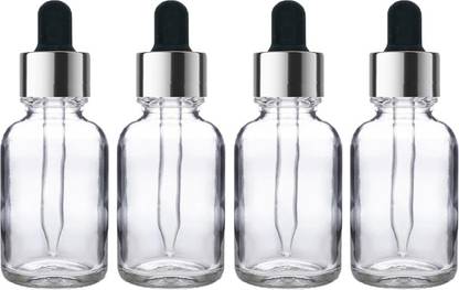 PHARCOS Transparent Glass Bottle with Euro Dropper for DIY Beauty Care with Silver Ring, Black Silicone Teat and Plug, Leak Proof, Reusable, Refillable. 15ML - Pack of 4 Laboratory Dropper Bottle