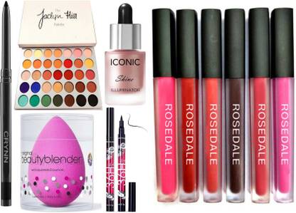 Crynn Smudge Proof Kajal & Jaclyn Hill Glazed Eyeshadow Palette & Beauty Blender Sponge Puff & 36H Deep Black Eyeliner & Studio Shine Illuminator Highlighter & Catsuit 6 Liquid Matte Lipstick