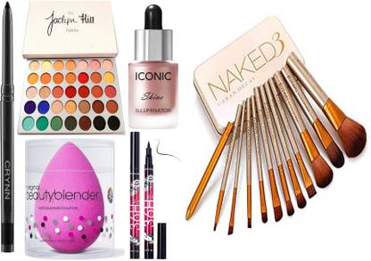 Crynn Smudge Proof Kajal & Jaclyn Hill Glazed Eyeshadow Palette & Beauty Blender Sponge Puff & 36H Deep Black Eyeliner & Studio Shine Illuminator Highlighter & Naked Perfect 12 Makeup Brush