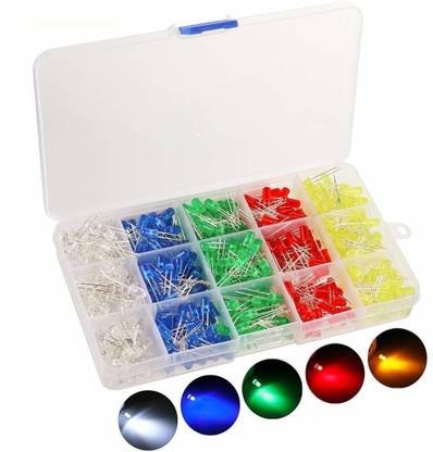 IDUINO 500pcs LED Diode Lights, 5 Colors×100pcs 5mm Light Emitting Diodes LED Assortment Kit Electronics Components, Diffused Round Light Bulb for Arduino, White Red Orange Green Blue Display Lights Electronic Hobby Kit