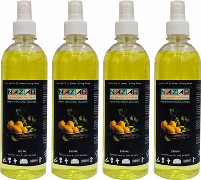 Nazar 4 X 250 ML LEMON HAND SANITISER SPRAY, 70% ALCOHOL BASE LIQUID HAND SANITISER WITH A NATURAL LEMON FLYOVER, EXTERNAL USE ONLY Sanitizer Spray Bottle + Dispenser