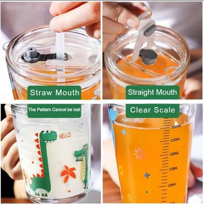 SUKROOT Glass Drinking Cartoon Printed Design with Handle and Clear Lid with Scale Straw for Coffee,Juice,Milk and Multiple Usage Sipper 400 ml (1) Glass Coffee Mug
