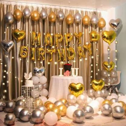 KR Solid Gold Silver white theme for Birthday/Party/Baby Shower/welcome home/ Season's Party Decorations - Happy Birthday Foil Banner Gold, Metallic Balloons Gold and Silver, Star Foil Gold and Silver Balloon