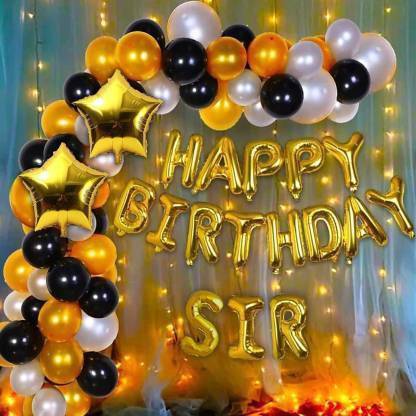 MODO Happy Birthday Decorations Kit For Teacher (SIR) - Gold Black & Silver theme for Birthday Party Decorations - Happy B'day Foil Banner Gold, Gold Black and Silver Metallic Balloons and SIR (3 Letters)Foil Balloons Golden, Stars Foil Balloons with Fairy LED Light Combo