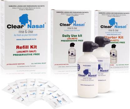 Clearnasal Rinse And Clear | Starter Kit | Nose Cleaner Kit | Nasal Pressure Neti Pot | Nose Wash Kit | 240 ml | 2 Daily Usage Kit Manual Nasal Aspirator
