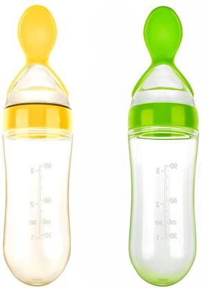 MulberryCart Presents 2 Pcs Soft Silicone Baby Food Feeder Squeeze Bottle for Solid Food with Dispensing Spoon Squeeze Feeder with Spoon - Spoon Bottle for Baby 90ml Feeder
