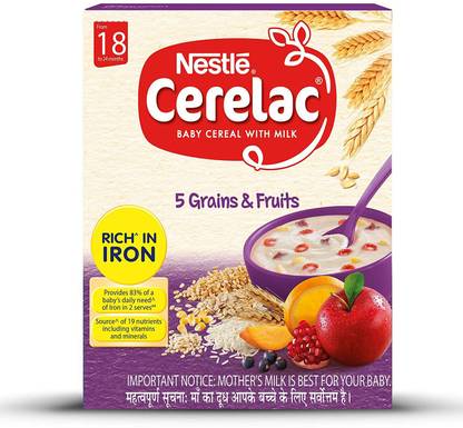 NESTLE Nestlé CERELAC Baby Cereal with Milk, 5 Grains & Fruits – From 18 to 24 Months, 300g BIB Pack Cereal