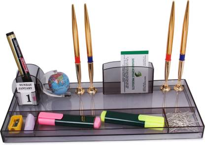 RASPER 5 Compartments Acrylic Pen Stand For Office Study Table Stylish Multipurpose Desk Organizer With Globe Pen Pencil Holder Table Top Organizer Pen Stand (14x6 Inches)