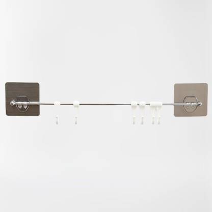EGoodz Multipurpose Steel Rail with 6 Hooks Adjustable Self Adhesive/No Drill Rack Hook Rail 6