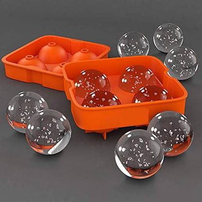 Kentoza Ice Ball Maker Whiskey Ice Cube Ball Maker Silicone Mold Sphere Mould Tray Round Bar Large Sphere Ice Cube Maker Multi Silicone Ice Ball Tray (Pack of1) Orange Silicone Ice Ball Tray