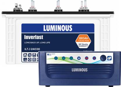 LUMINOUS Inverlast ILTJ24036 180Ah Tubular Jumbo Battery 36* Months Warranty With Eco Volt+850 Pure Sine Wave Inverter Tubular Inverter Battery