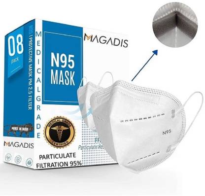 Magadis Medical Grade N95 mask (Pack Of 8) for face Anti Pollution, protective. Third Party Tested, Medical Masks with Elastic Ear Loops, Non Woven, Smooth, Breathable and Protective face mask for pollution (Reusable Mask , Washable Mask , Pollution Mask)With Melt Blown Fabric 95% men, women. Reusable White, N95 FFP2 Grade Anti Pollution Mask ,Activated Carbon , Filters PM2.5 particles 95% Breathable Face Masks N95 - Soft, Comfortable, Reusable Face Mask Without Respirator Valve Medical Grade N95 Mask mask for face, Anti Pollution, protective Reusable, Washable