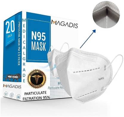 Magadis Medical Grade N95 mask (Pack Of 20) for face Anti Pollution, protective. Third Party Tested, Medical Masks with Elastic Ear Loops, Non Woven, Smooth, Breathable and Protective face mask for pollution (Reusable Mask , Washable Mask , Pollution Mask)With Melt Blown Fabric 95% men, women. Reusable White, N95 FFP2 Grade Anti Pollution Mask ,Activated Carbon , Filters PM2.5 particles 95% Breathable N95 Masks - Reusable - Soft Nose Sponge - UV Sterilized - 5 Layer Face Masks with 95% filtration Face Masks Medical Grade N95 Mask 5 Layer Face Masks with 95% filtration