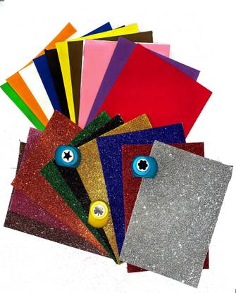 KHUSHA CREATIONS Sticker Making Kit / Self-Adhesive Glitter And Plain Foam sheets With Craft Punches (Size: A5 , Multicolor) For Craft , School projects , DIY