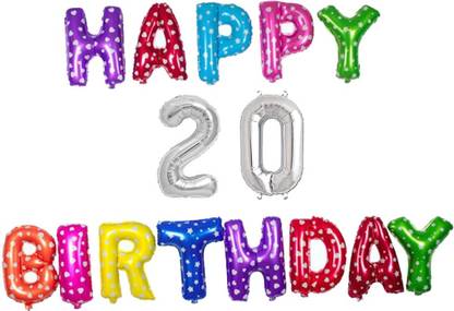 Offer99 प्रिंटेड Multi Colour Happy Birhtday with 20 year Silver number Foil Letter Balloon for Birthday Celebration लेटर बैलून