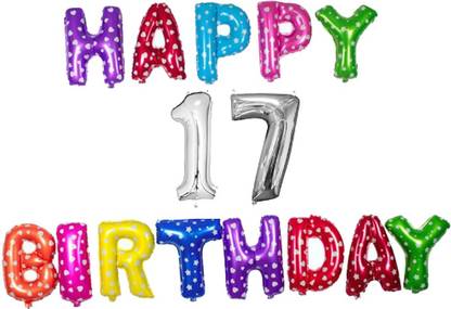 Offer99 Printed Multi Colour Happy Birhtday with 17 year Silver number Foil Letter Balloon for Birthday Celebration Letter Balloon