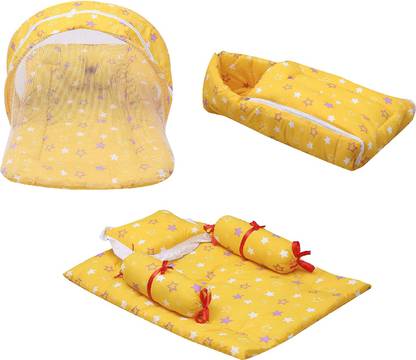 Miss & Chief by Flipkart Cotton Baby Bed Sized Bedding Set (Yellow, 1 MATTRESS WITH NET, 1 SLEEPING BAG, 1 4PCS-SET, 2 LOTTAN, 1 SQUARE PILLOW, 1 U-SHAPE PILLOW)