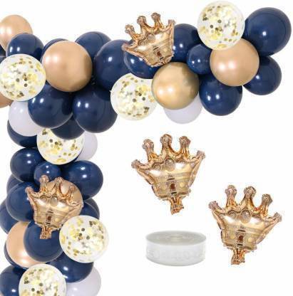 Lazer The navy blue clod balloons kit includes 40 navy blue balloons, 30 white balloons, 10 gold confetti balloons, 10 gold chrome balloons, 1 roll balloon strip, 1pc glue dot and 5 mini crown foil balloons.