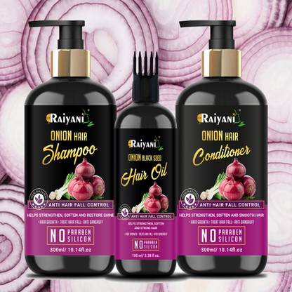 Raiyani Anti Hair Fall Spa Range with Onion Hair Oil(100ml)+ Onion Shampoo(300ml) + Onion Conditioner(300ml) for Hair Fall Control