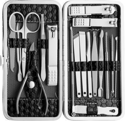 GLOW IT 18 in 1 Stainless Steel Manicure Pedicure Set Nail Cutter Scissors Care Set Tweezers Knife Ear Pick Eyebrow Scissors Utility Tools Grooming Kits with Leather Case
