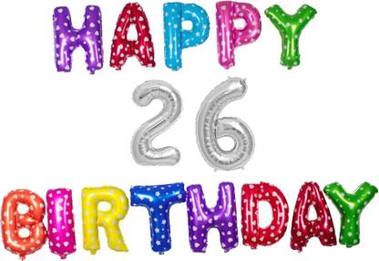 Offer99 Printed Multi Colour Happy Birhtday with 26 year Silver number Foil Letter Balloon for Birthday Celebration Letter Balloon
