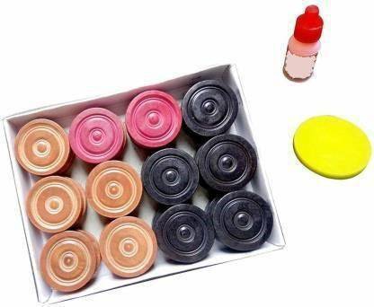 HK Sport & Toys Wooden Carrom Coins Set (Pack of 24) with Printed Stricker and Carrom Powder Carrom Pawns