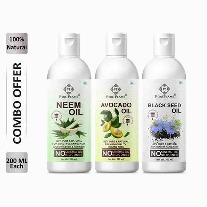 PuriFlame 100% Pure Neem Oil 200ML & Avocado Oil 200ML & Blackseed Oil 200ML Combo Hair Oil