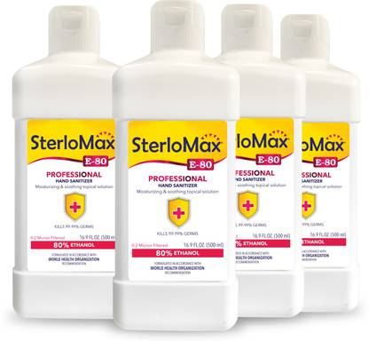 SterloMax Pack of 4 - 80% Ethanol-based Hand Rub Sanitizer and Disinfectant 500 ML Hand Sanitizer Bottle