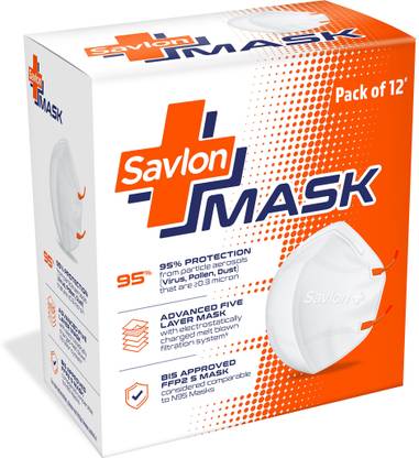 Savlon Mask - Pack of 12 | BIS Certified FFP2 S Mask (comparable to N95)| Ear-loop model with Head-Band Converter Strip