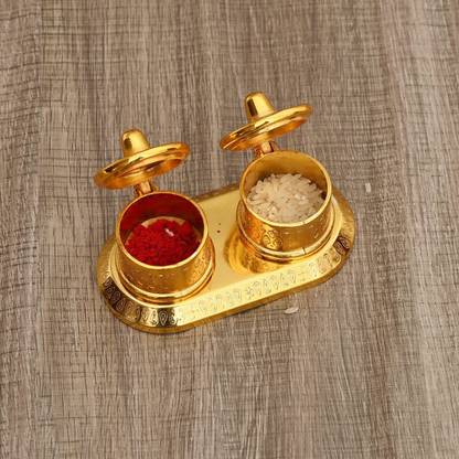 ARINJAY Golden Metal Kumkum Holder/ Kumkum Box for Gifting, Pooja, Thali, Mandir, Home, Temple, Gifting Decorative Showpiece  -  10 cm