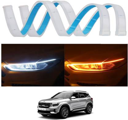 RKPSP White & Amber Flow LED Sequential Audi Style Daytime Running Lights Stick-on Above Headlamp Car Fancy Lights For Sonet Universal For All Models Car Fancy Lights