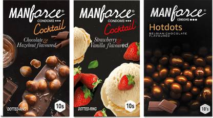 MANFORCE Exotic Premium Condoms (Hotdots Belgian Chocolate with Bigger Dots, Cocktail Strawberry + Vanilla with Dotted Rings and Cocktail Chocolate + Hazelnut with Dotted Rings) Combo - 10s (Pack of 3) Condom