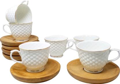 UPC Ceramic Fine Bone China Ceramics Cups With Premium Wooden Saucers