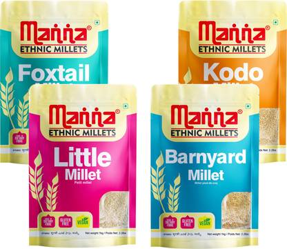 Manna Millets 4kg - Natural Grains Combo Pack of 4 (4kg) | Foxtail 1kg, Kodo 1kg, Little 1kg, Barnyard 1kg | Native Low GI Millet Rice | Nutrient Powerhouse, High Protein & 100% more Fibre than Rice Mixed Millet